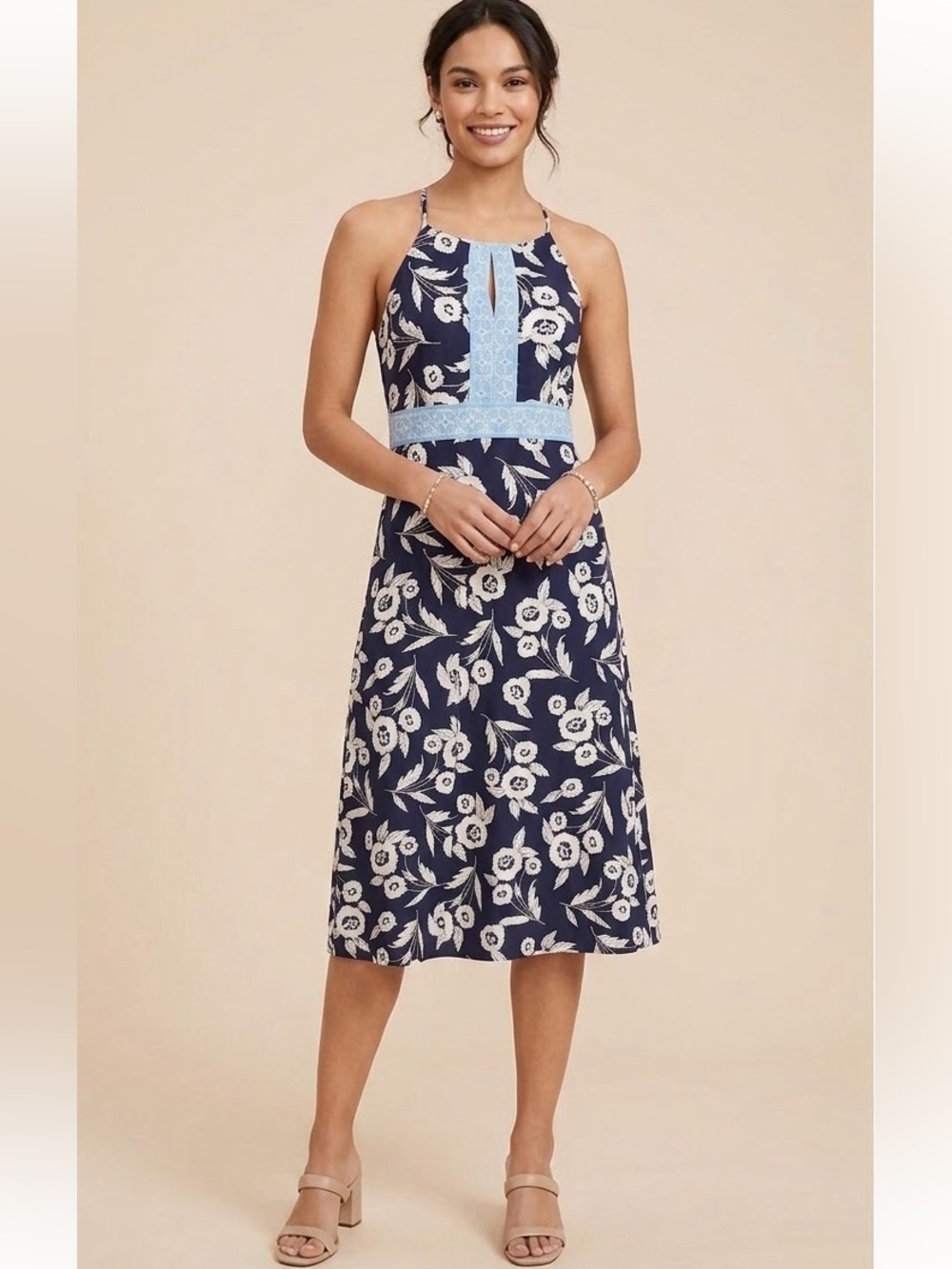 LOFT Ann Taylor Floral Halter Midi Dress Blue White - 4P